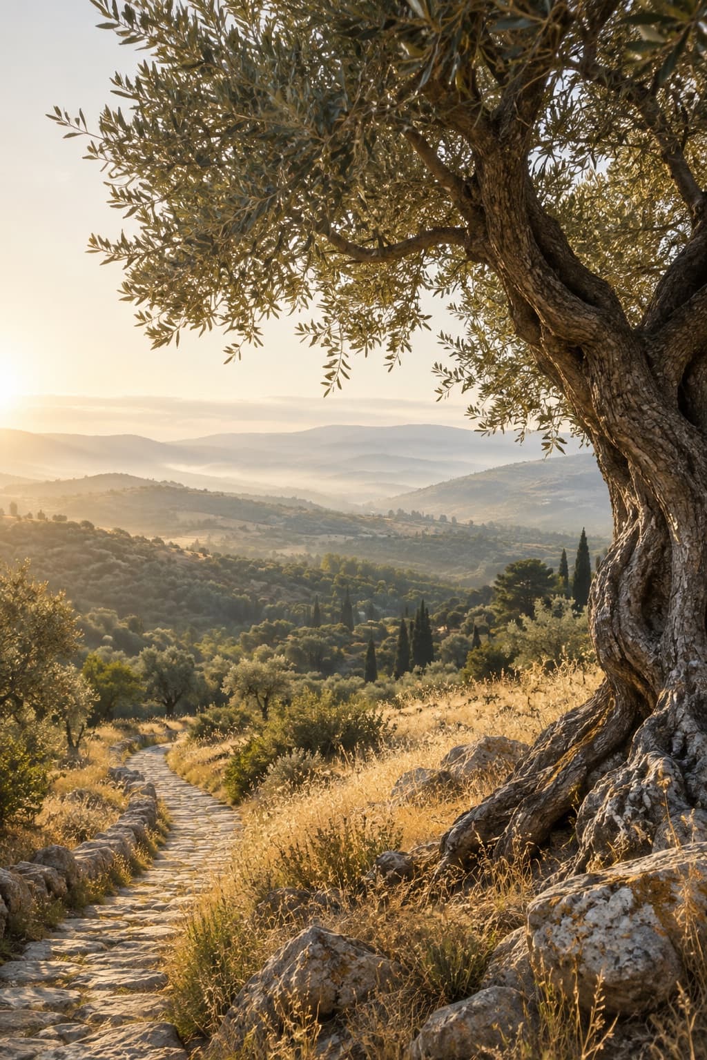 Morning light on an olive tree and a path toward distant hills.